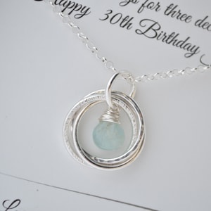 30th Birthday gift for daughter, Aquamarine birthstone necklace, 3 Sister necklace, 3rd Anniversary gift for her, 3 Rings for 3 Decades