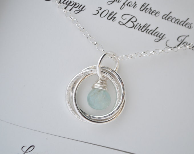 30th Birthday gift for daughter, Aquamarine birthstone necklace, 3 Sister necklace, 3rd Anniversary gift for her, 3 Rings for 3 Decades