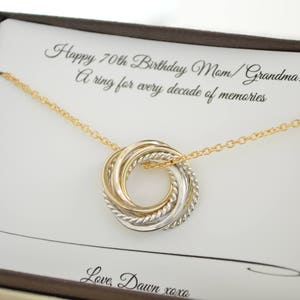 Regalo per il 70° compleanno della mamma, collana per il 70°, 7 anelli per 7 decenni, collana in metalli misti, regalo per traguardo, 70° per le donne, regali di compleanno
