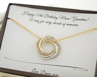 Cadeau du 70e anniversaire, collier du 70e anniversaire, 7 anneaux pour collier de 7 décennies, collier de métaux mélangés, cadeau d'étape importante, collier cadeau pour maman