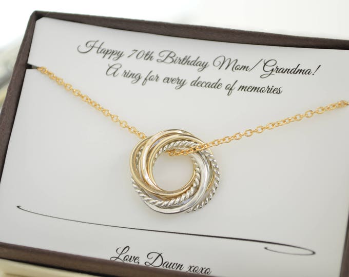 70th Birthday gift for Mom, 70th Necklace, 7 Rings for 7 Decades, Mixed metals necklace, Milestone gift, 70th for women, Birthday gifts