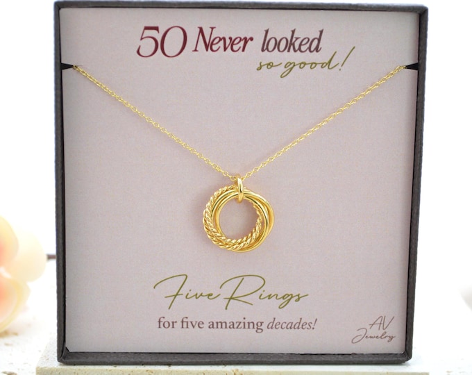 50th Birthday Gift for Women, 5 Rings 5 Decades Gold Necklace, 5th Anniversary Gift for Her, 50th Gift for Wife