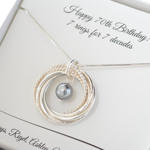 70th Birthday gift for mom, 7th Anniversary gift for her, 7 Rings for 7 decades necklace, Pearl necklace, 70th Birthday jewelry for women