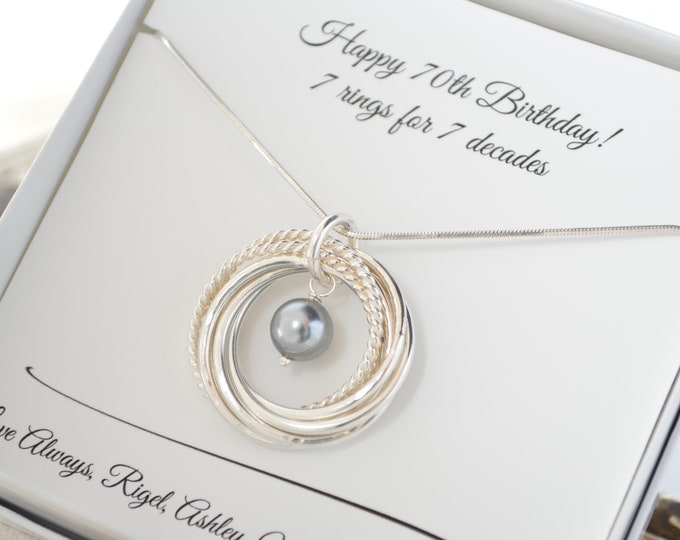 70th Birthday gift for mom, 7th Anniversary gift for her, 7 Rings for 7 decades necklace, Pearl necklace, 70th Birthday jewelry for women