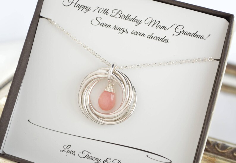 70th Birthday gift for mom and shops grandma, October birthstone necklace, Pink opal birthstone, 7 Rings necklace, 70th Birthday gift for women