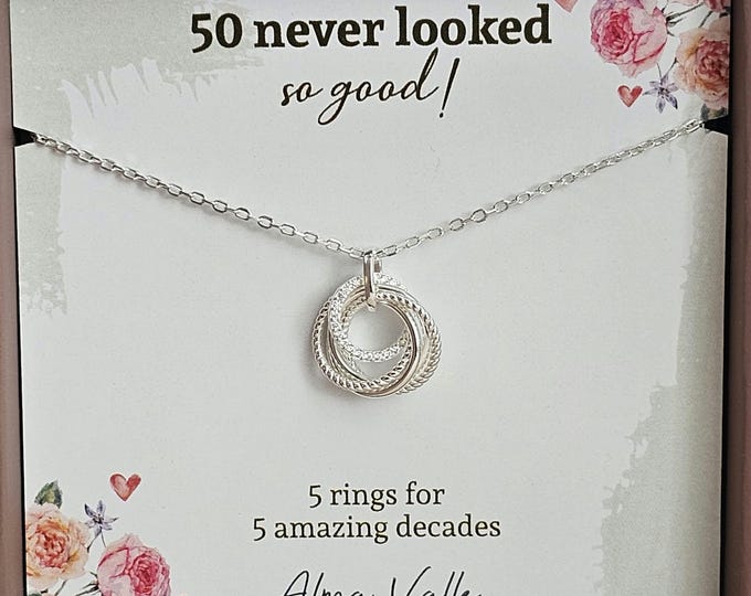 50th Birthday Necklace for Her, 5 Rings for 5 Decades, Sterling Silver Milestone Birthday Gift