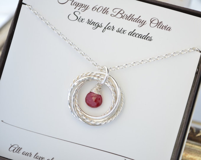 Birthday gift for mom, 60th Birthday gift for mom, 6 Rings 6 Decades, Birthstone necklace, Ruby birthstone necklace, 6th Anniversary gift,