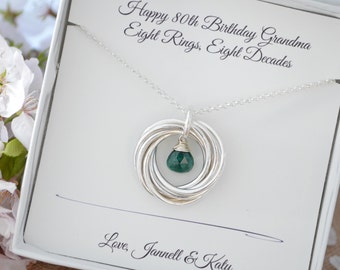 80th Birthday gift for women, 8th Anniversary gift, Emerald necklace, Birthstone jewelry, 80th Birthday jewelry, 8 Rings for 8 decades gift