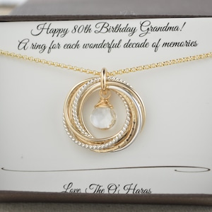 80th Birthday necklace for mom and grandma, April birthstone necklace, 8 Mixed metal rings, 8th Anniversary gift women, Milestone Gift