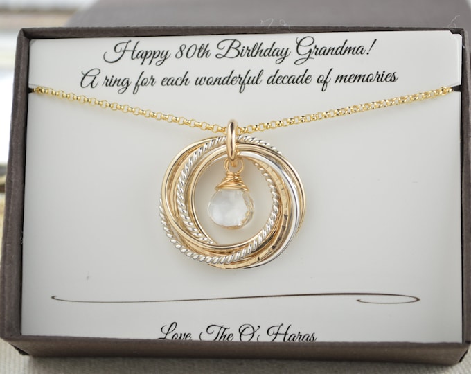 80th Birthday necklace for mom and grandma, April birthstone necklace, 8 Mixed metal rings, 8th Anniversary gift women, Milestone Gift