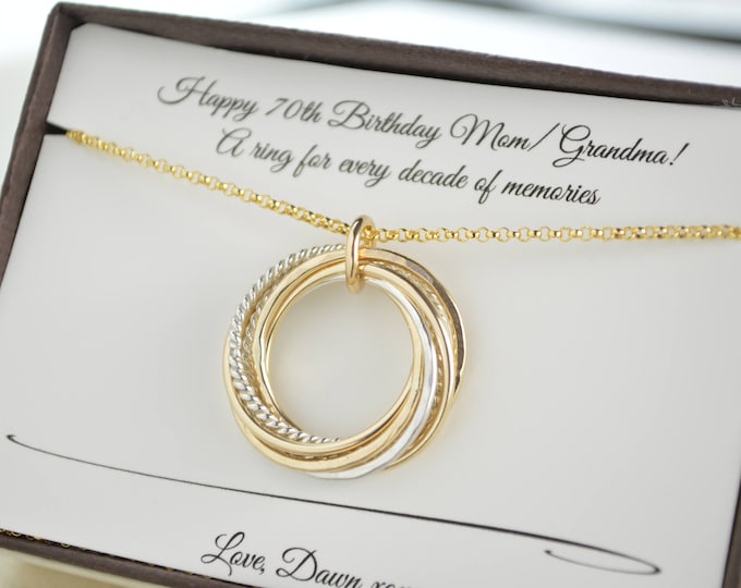 70th Birthday Gift for Mom, 7 Rings Necklace, Mixed Metals Necklace, 7th Anniversary Gift for Her, 70th Birthday Gift for Women