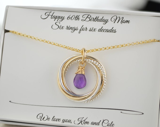 60th Birthday gift for mom, 6 Rings necklace, 6 Mixed metals necklace, 6th anniversary for women, February birthstone necklace, Amethyst