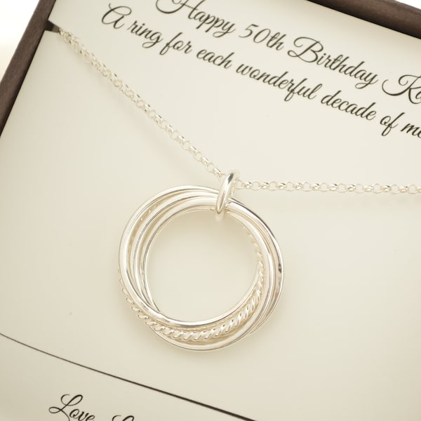 50th Birthday gift for women, 5 rings necklace, 50th Birthday jewelry for her, 5th Anniversary gift for wife, 5 Decade jewelry 50 Gifts for