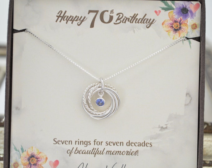 70th Birthday gift for mom, 7 Rings necklace, 70th Birthday jewelry, 70th Birthday gift for women, 70th Birthstone necklace, Dainty necklace