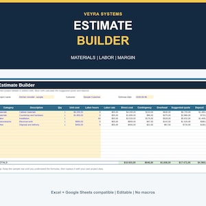 May include: A digital spreadsheet template titled Veyra Systems Estimate Builder with sections for materials, labour, and margin. The table includes columns for category, description, quantity, unit cost, labour hours, labour rate, direct cost, contingency, overhead, suggested quote, and deposit.