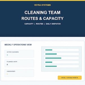 May include: A digital dashboard titled Veyra Systems Cleaning Team Routes & Capacity with sections for Weekly Operations View, Active Cleaners, Planned Visits, and Unassigned tasks. The interface includes teal progress bars and an Excel + Google Sheets button.