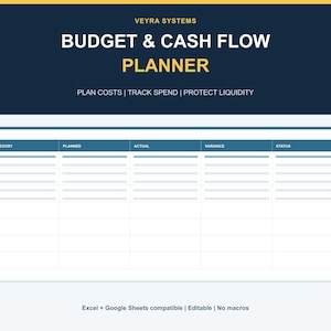May include: A digital budget and cash flow planner template by Veyra Systems. The header displays the text Budget & Cash Flow Planner and Plan Costs | Track Spend | Protect Liquidity. Below is a table with columns for Category, Planned, Actual, Variance, and Status. The footer states Excel + Google Sheets compatible | Editable | No macros.