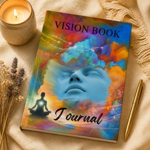May include: A rectangular journal titled VISION BOOK Journal featuring a colorful abstract cover with a blue human face, a silhouette of a person in a meditative pose, and swirling clouds of orange, yellow, blue, and purple paint.