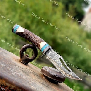 Puede incluir: Un cuchillo de hoja fija con una hoja de acero de Damasco estampada y un diseño recortado. El mango está hecho de asta marrón texturizada con dos bandas incrustadas de color turquesa brillante. El texto Raven hunt knives es visible.