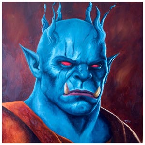 May include: A portrait painting of a blue-skinned creature with pointed ears, glowing red eyes, and two prominent lower tusks. The figure has flame-like blue hair and wears an orange garment against a dark, textured reddish-brown background.