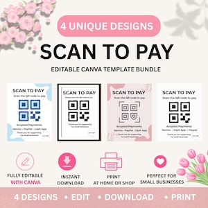 Peut inclure: Un ensemble numérique comprenant quatre modèles uniques Scan to Pay pour petites entreprises. Le graphique présente quatre mises en page distinctes avec des espaces réservés pour QR codes, du texte de paiement et des motifs floraux.