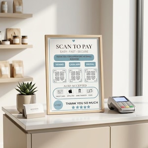 Peut inclure: Un panneau encadré en bois clair avec un fond blanc affichant le texte SCAN TO PAY, EASY FAST SECURE et THANK YOU FOR SUPPORTING MY SMALL BUSINESS. Il comprend trois emplacements pour codes QR, des icônes de paiement et cinq étoiles en bas.