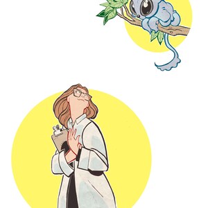 May include: A digital illustration featuring a scientist in a white lab coat holding a clipboard and looking upward at a small, light blue, large-eyed creature perched on a brown tree branch with green leaves, all set against yellow circular backgrounds.