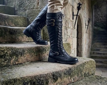Medieval Knee High Boots - Womens Renaissance Lace Up Buckle Boots - Steampunk Pirate Riding Shoes - Vintage Gothic Victorian Cosplay Boots