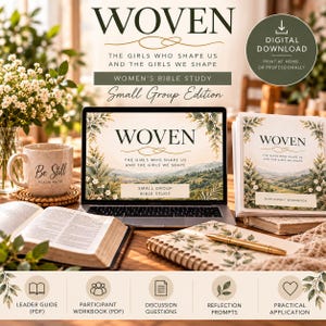 May include: A digital download Bible study titled WOVEN: The Girls Who Shape Us and the Girls We Shape. The set includes a laptop displaying the study, a printed participant workbook, an open Bible, a mug with Be Still, and a spiral notebook.
