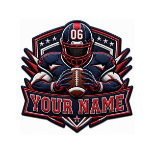 May include: A navy blue, red, and white embroidered patch featuring a football player wearing a helmet with the number 06. The player holds a brown football. Below the player, a red banner displays the text YOUR NAME in bold capital letters.
