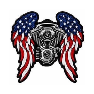 May include: A detailed embroidered patch featuring a silver V-twin motorcycle engine centered between two large wings. The wings are patterned with the red, white, and blue colors of the American flag, including white stars on a blue field.