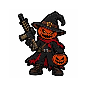 May include: An embroidered patch featuring a character with a carved orange pumpkin head wearing a black witch hat and a long black coat with a red lining. The character holds a black rifle in one hand and a small orange pumpkin bucket in the other.
