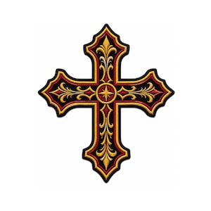 Ornate Cross Embroidered Patch, Gothic Gold Red Christian Emblem