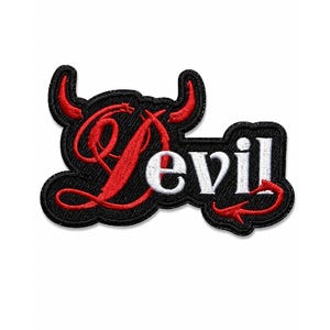 Embroidered Devil Patch, Red Black Gothic Design, Halloween Jacket Accessory