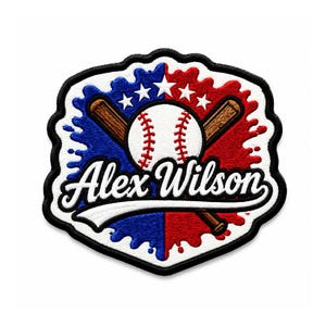 May include: A custom embroidered patch featuring a baseball and two crossed wooden bats centred on a blue and red paint splatter background with five white stars. The name Alex Wilson is written in white script across the centre of the design.