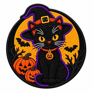 Halloween Black Cat Patch, Witch Cat Pumpkin Embroidered Badge