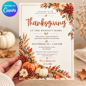 Uitnodiging voor het Thanksgiving-diner, bewerkbare Canva-sjabloon, herfstbloemen- en pompoenontwerp, printbare uitnodiging (5x7 inch).