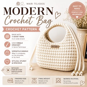 May include: A cream-colored crochet bag made with t-shirt yarn, featuring a circular handle and a small rectangular tag labeled Mari Tejidos. The image includes text detailing a crochet pattern, single crochet technique, and a step-by-step guide.