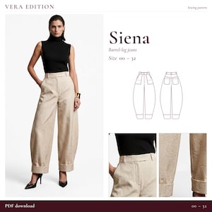 Puede incluir: Patrón de costura Vera Edition Siena para vaqueros barrel-leg, tallas 00-32. Pantalón beige con sutil estampado jacquard tono sobre tono, cintura alta con pretina y perneras anchas con dobladillo. Incluye dibujos técnicos de las vistas frontal y trasera.