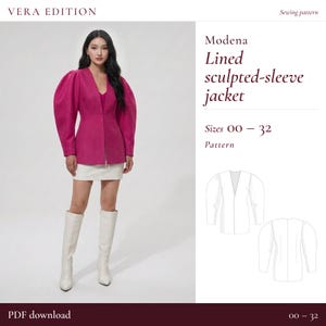 Op de afbeelding: Een naaipatroon voor een gevoerde jas met gebeeldhouwde mouwen genaamd Modena van Vera Edition. Het patroon is beschikbaar in de maten 00-32 en heeft een V-hals, volumineuze mouwen en een getailleerde pasvorm. Inclusief PDF-download.