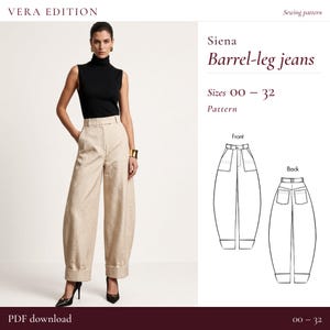 May include: Vera Edition sewing pattern for Siena barrel-leg jeans in sizes 00-32. The image displays a black sleeveless turtleneck and beige high-waisted barrel-leg jeans with cuffed hems, alongside a technical line drawing of the front and back.