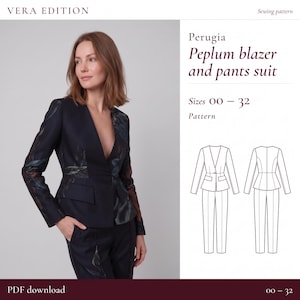 Two Piece Peplum Blazer Pants PDF Sewing Pattern Women Tailored Suit High Waist Flared Pants 00-32