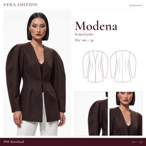 Puede incluir: Un patrón de costura para chaqueta esculpida titulado Modena de Vera Edition. El diseño presenta un cuello en V profundo, mangas abullonadas estructuradas y una cintura entallada. Incluye dibujos técnicos de frente y espalda, tallas 00-32. Descarga en PDF.