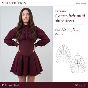 Peut inclure: Une mini-robe chemise bordeaux profond avec un devant boutonné à volants, des manches longues à poignets et une ceinture corset intégrée. Le texte indique VERA EDITION, Ferrara Corset-belt mini shirt dress, Sizes XS – 5XL.