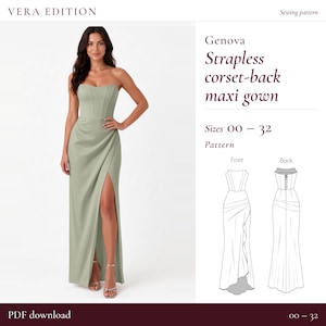 May include: A sage green strapless corset-back maxi gown sewing pattern by VERA EDITION. The design features a fitted bodice, a draped skirt with a high side slit, and includes technical line drawings for front and back views in sizes 00-32.