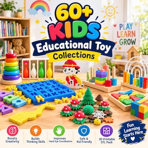 May include: A collection of colorful educational toys for children including a rainbow stacking ring set, a wooden bowling game, a blue alphabet board, a Dalmatian puzzle, a wooden abacus, and various geometric shapes and nature-themed pieces.