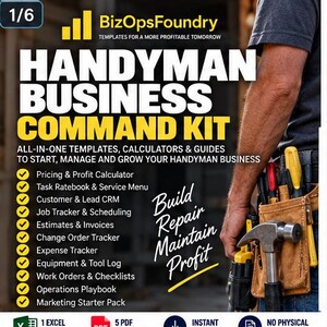 May include: A digital product advertisement for a Handyman Business Command Kit by BizOpsFoundry. The text lists templates including a pricing calculator, CRM, and job tracker. A person wears a tan leather tool belt with a hammer and screwdrivers.