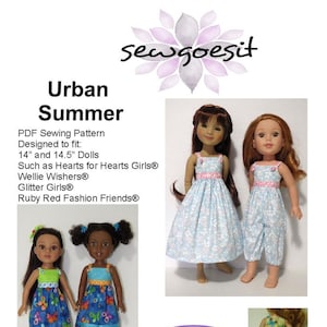 Puede incluir: Patrón de costura PDF para muñecas de 14" y 14,5", como Hearts for Hearts Girls, Wellie Wishers, Glitter Girls y Ruby Red Fashion Friends. El patrón incluye instrucciones para hacer un vestido de verano con estampado de mariposas y un mono. El nivel de dificultad es intermedio.