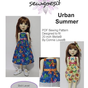 May include: A PDF sewing pattern titled "Urban Summer" for 20-inch Stella dolls. The image shows a doll in a blue dress with a butterfly print, a yellow jumpsuit with a butterfly print, and a close-up of the dress. The skill level is intermediate.