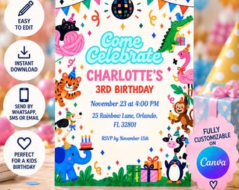 Jungle Safari Birthday Invitation, Editable Canva Animal Birthday Invite, Wild One Birthday Party, Kids Birthday Invitation, Digital Templat